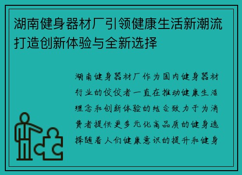 湖南健身器材厂引领健康生活新潮流打造创新体验与全新选择