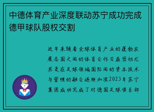 中德体育产业深度联动苏宁成功完成德甲球队股权交割