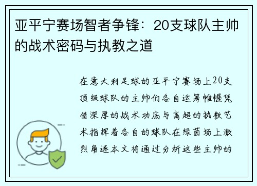 亚平宁赛场智者争锋：20支球队主帅的战术密码与执教之道