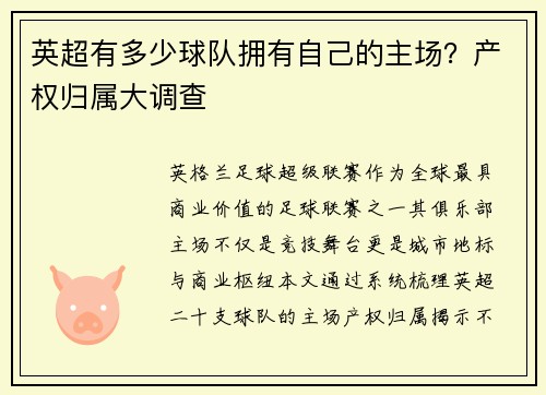 英超有多少球队拥有自己的主场？产权归属大调查