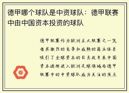 德甲哪个球队是中资球队：德甲联赛中由中国资本投资的球队
