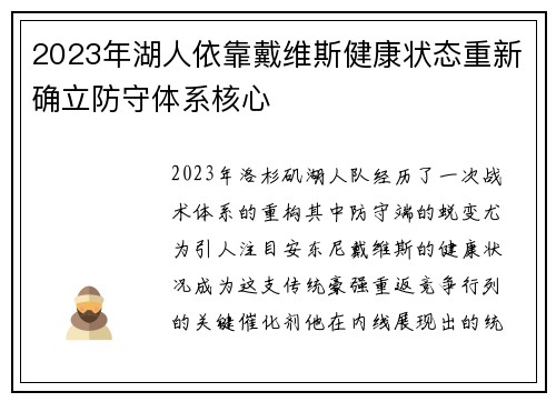 2023年湖人依靠戴维斯健康状态重新确立防守体系核心